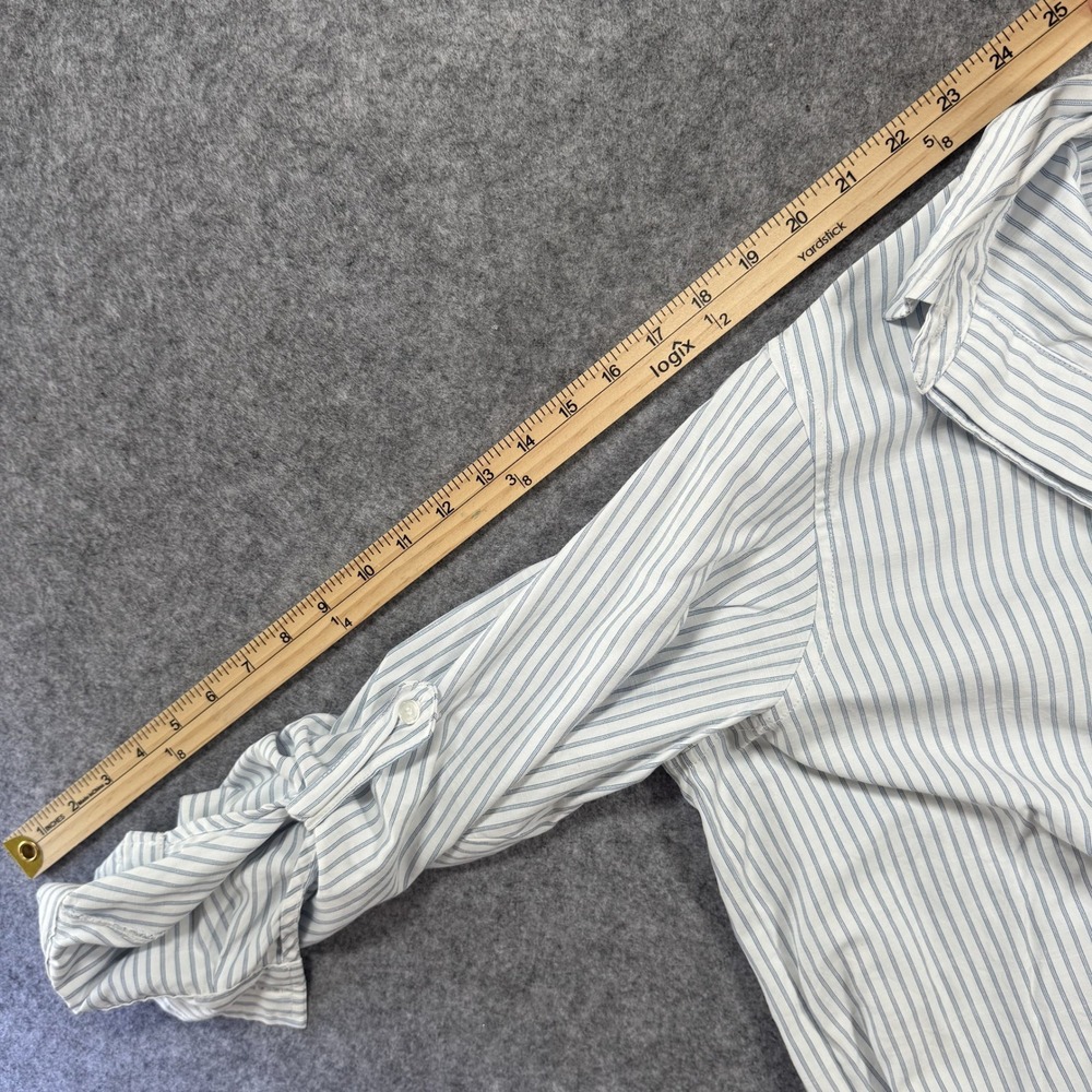Max Studio London Pinstripe Blouse 2X Blue White Tie Sleeve Button Cuff - Picture 9 of 10